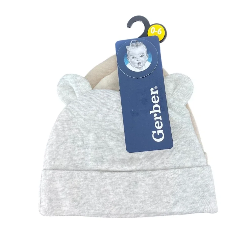 Gerber‎ Beanie Cap Set Kids 0-6M Grey Beige 3-Pack Cotton Bear Ears 3 Pack